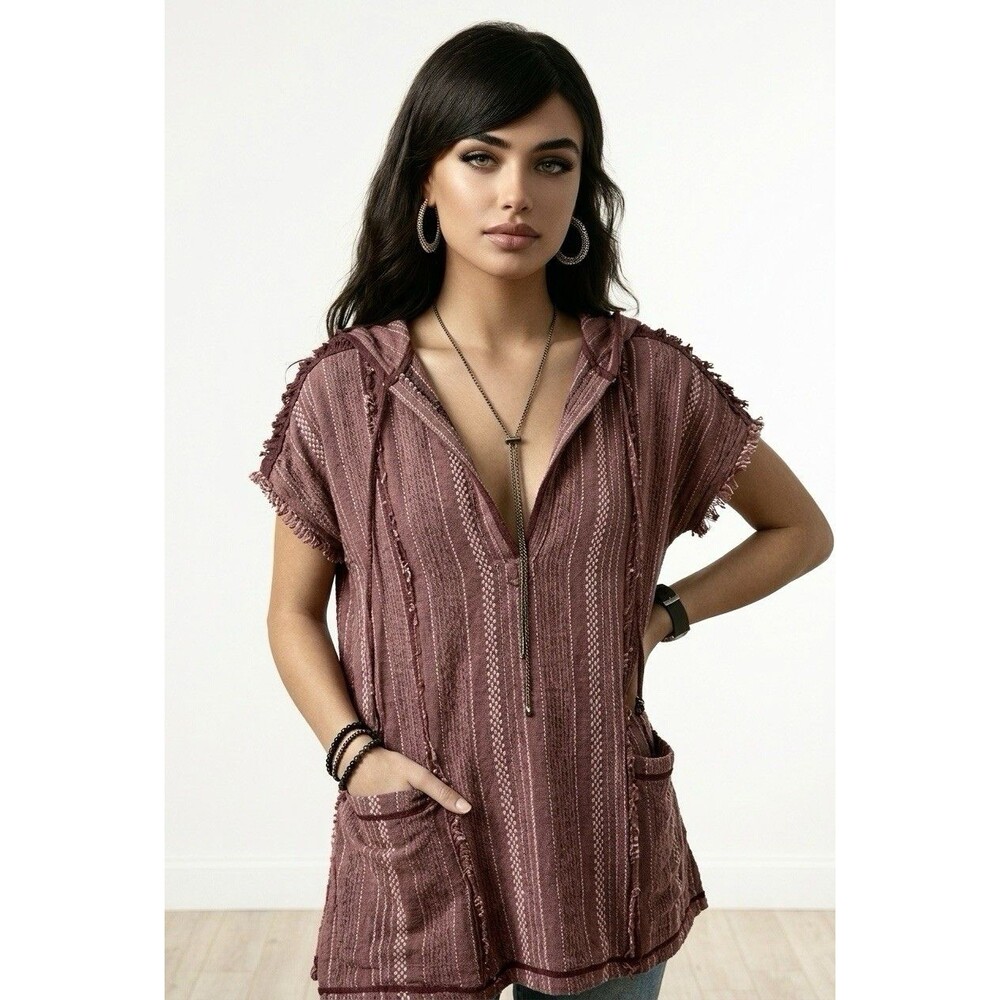 FREE PEOPLE Forever Yours Hooded Tunic Top Boho Maroon Short sleeve
